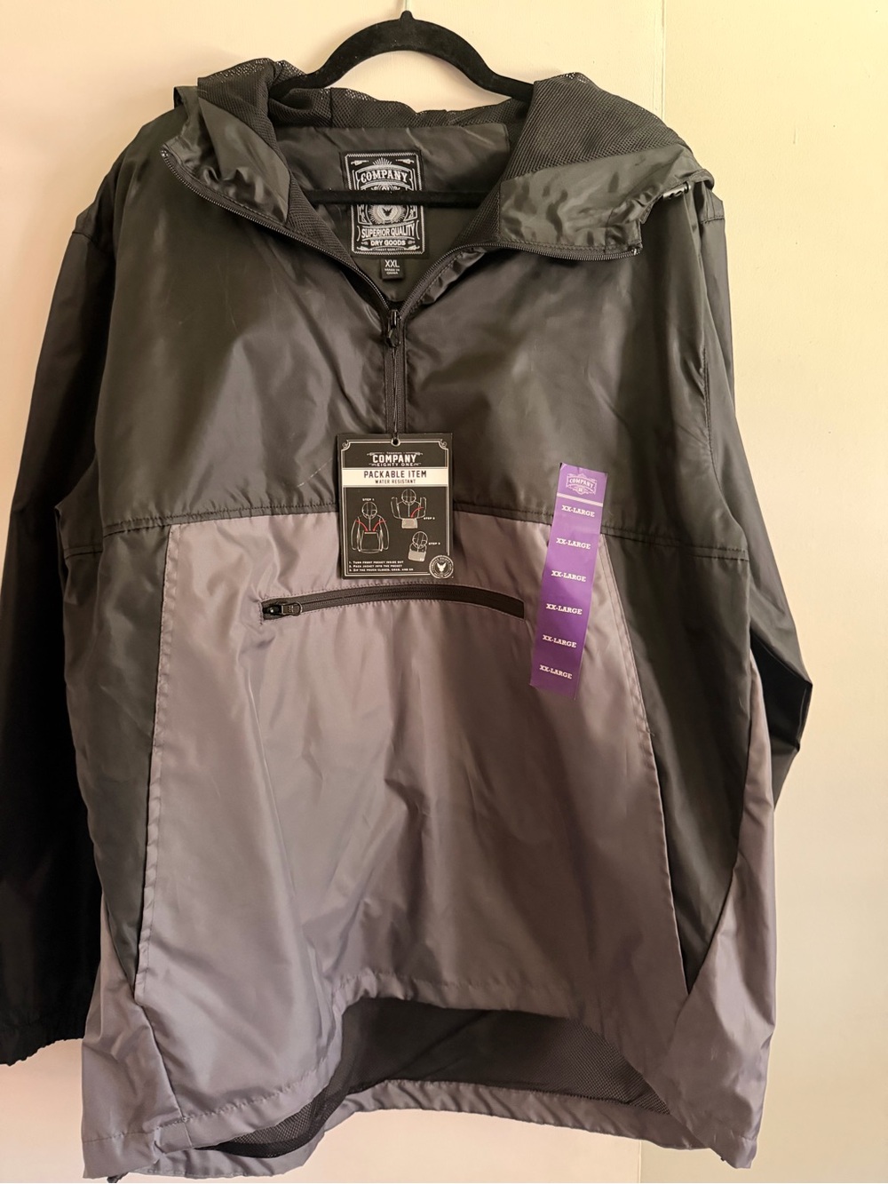 Packable Men's Two-Tone Hooded Anorak Jacket - Black & Gray. Company 81 xxl